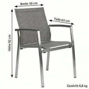 Stapelsessel Mika mit Edelstahlgestell, Textilene-Sitzfläche und Aluminiumarmlehnen in Grau, stapelbar und windstabil