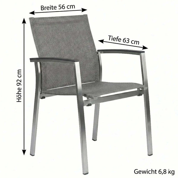 Stapelsessel Mika mit Edelstahlgestell, Textilene-Sitzfläche und Aluminiumarmlehnen in Grau, stapelbar und windstabil