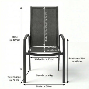 Moderner Stapelsessel Kari mit hoher Rückenlehne und pulverbeschichtetem Aluminiumgestell in Anthrazit.