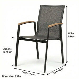 Moderner Stapelsessel NewTop mit schwarzem Aluminiumgestell, grauer Textilen-Sitzfläche und Teak-Armlehnen