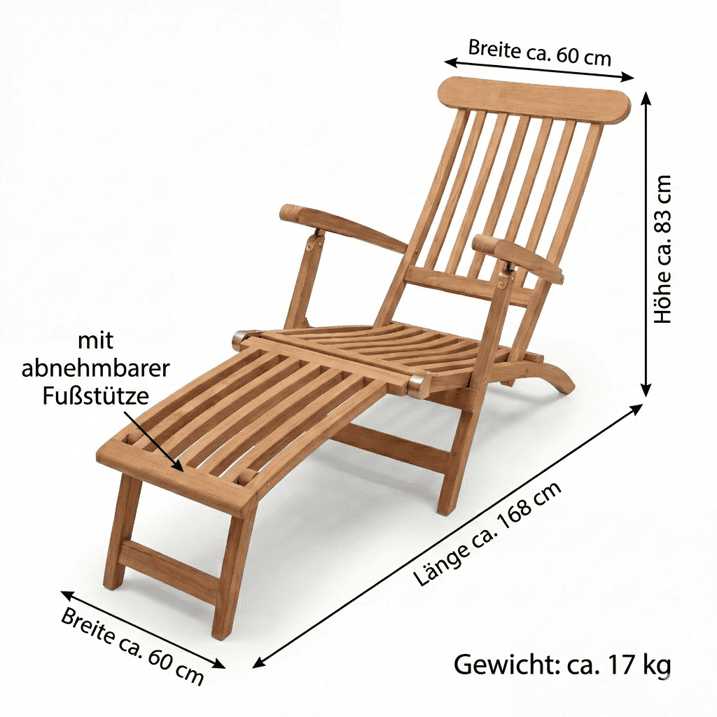 Deckchair Titanic aus Teakholz in Sterling, verstellbare Rückenlehne, abnehmbare Fußstütze, 168x83x60 cm, Gartenliege