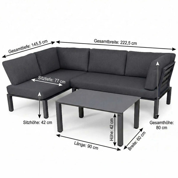 Modernes Ecklounge-Set Widoo aus Aluminium mit dunkelgrauen Polstern und Glas-Tischplatte, wetterfest und UV-beständig.