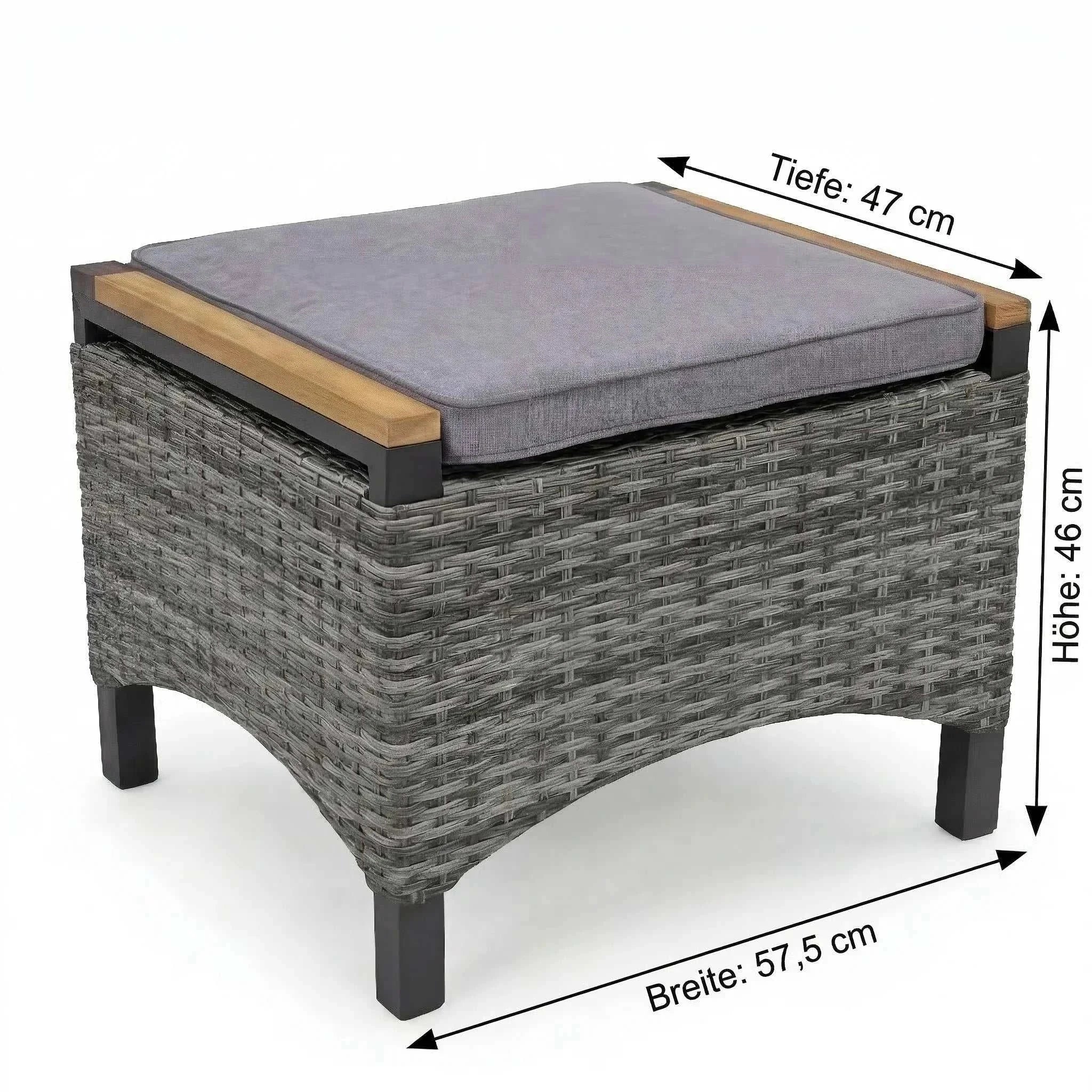 Moderner Gartenhocker Universal mit anthrazitfarbenem Aluminiumgestell, Teakholz-Detail und passendem Sitzkissen für flexible Outdoor-Nutzung.
