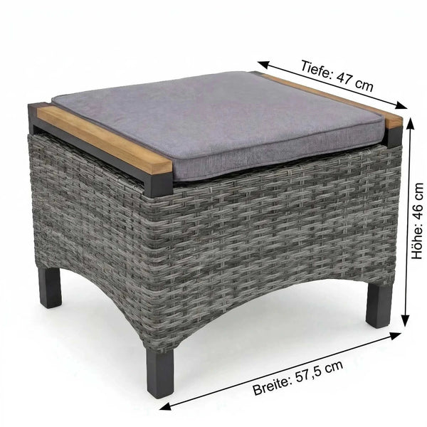 Moderner Gartenhocker Universal mit anthrazitfarbenem Aluminiumgestell, Teakholz-Detail und passendem Sitzkissen für flexible Outdoor-Nutzung.