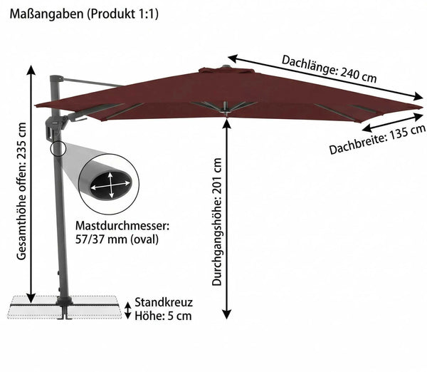 Ampelschirm Active Pendel Bordeaux für enge Balkone, 360° drehbar und höhenverstellbar mit UV-Schutz