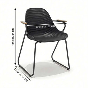 Schalenstuhl Stream mit dunkelgrauem Aluminiumgestell, schwarzer Kunststoff-Sitzschale und Teakholz-Armlehnen, stapelbar und modern