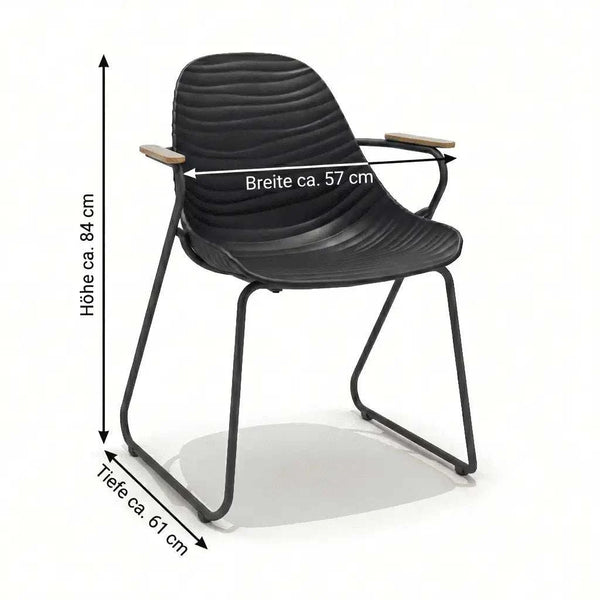 Schalenstuhl Stream mit dunkelgrauem Aluminiumgestell, schwarzer Kunststoff-Sitzschale und Teakholz-Armlehnen, stapelbar und modern