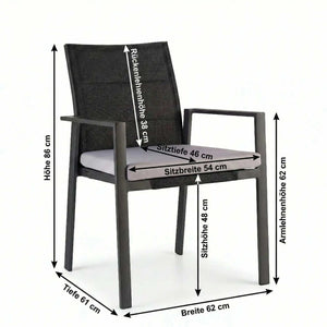 Stapelstuhl Nancer aus anthrazitfarbenem Aluminium mit schwarzer Batyline-Rückenlehne und grauem Sitzkissen