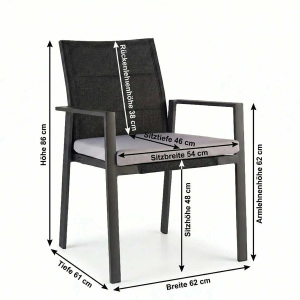 Stapelstuhl Nancer aus anthrazitfarbenem Aluminium mit schwarzer Batyline-Rückenlehne und grauem Sitzkissen