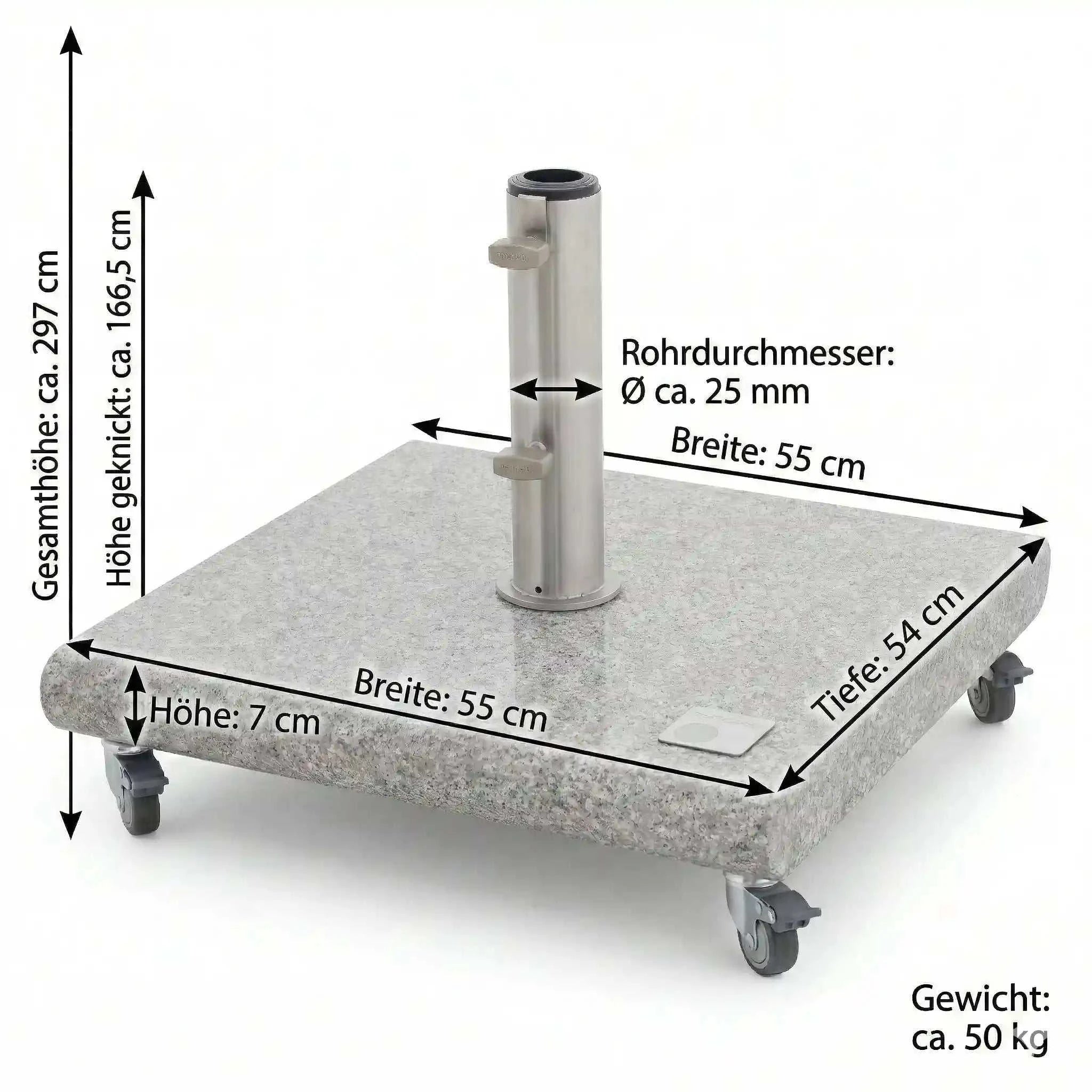 Knirps Granitsockel 50 kg mit Rollen und ausziehbarem Griff für Pendelschirme, glänzend polierter Granit, rostfreies Edelstahlrohr, kompatibel mit 32–60 mm Schirmstangen