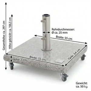 Knirps Granitsockel 50 kg mit Rollen und ausziehbarem Griff für Pendelschirme, glänzend polierter Granit, rostfreies Edelstahlrohr, kompatibel mit 32–60 mm Schirmstangen