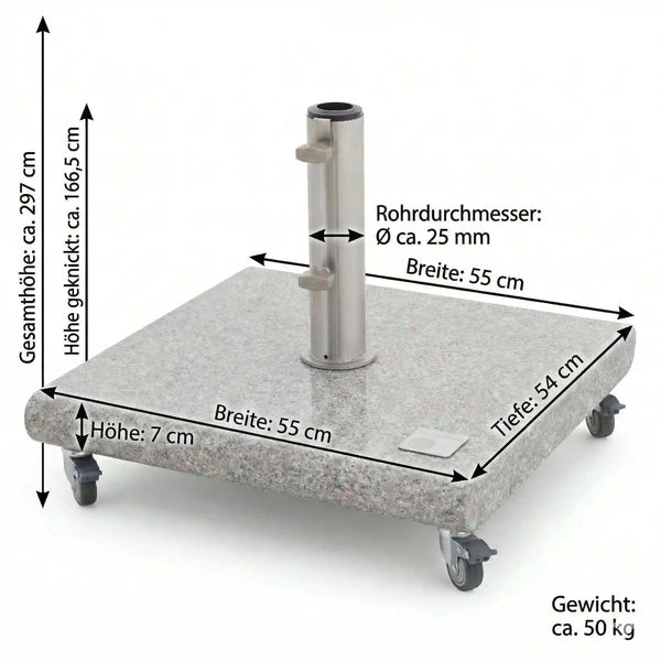 Knirps Granitsockel 50 kg mit Rollen und ausziehbarem Griff für Pendelschirme, glänzend polierter Granit, rostfreies Edelstahlrohr, kompatibel mit 32–60 mm Schirmstangen