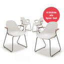 4er Set Schalenstuhl Stream mit dunkelgrauem Aluminiumgestell, schwarzer Kunststoff-Sitzschale und Teakholz-Armlehnen, stapelbar und modern