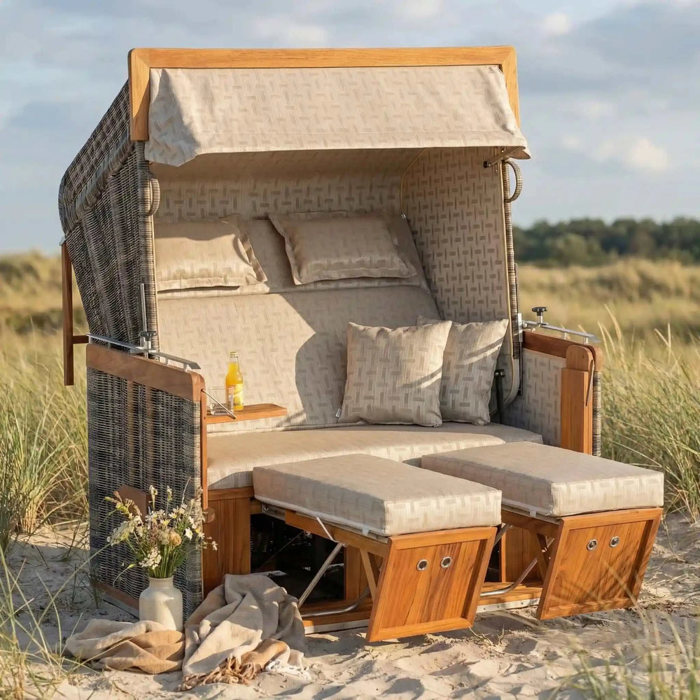 Gartenstrandkorb Präsident aus Teakholz mit extrabreiter Sitzfläche und witterungsbeständigem Rundgeflecht