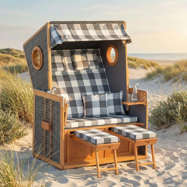 Gartenstrandkorb Müsing Rustikal 110 Z mit vintage-braunem Kunststoffgeflecht und teakfarbenem Pinienholz