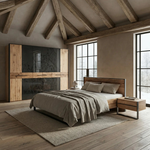 Schlafzimmer Steel Komplett-Set aus Wildeiche mit Komfort-Bett und schwebenden Nachtkonsolen
