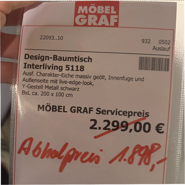 Design-Baumtisch „Interliving 5118" – Charaktereiche mit echter Baumkante