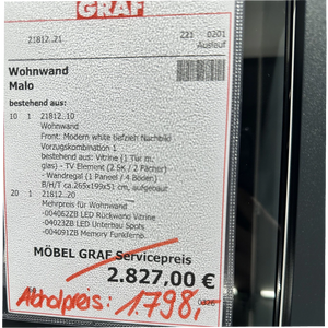 Wohnwand Malo – moderne weiße Wohnwand mit Glasvitrine, TV-Element & LED