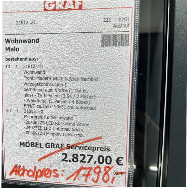 Wohnwand Malo – moderne weiße Wohnwand mit Glasvitrine, TV-Element & LED