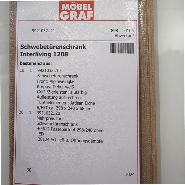 Schwebetürenschrank Interliving 1208 – viel Stauraum hinter klarem Weißglas