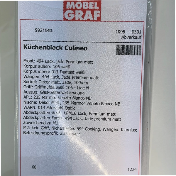 Küche Culineo Musterküche – Grifflose L-Küche in Jade matt & Marmor-Optik inkl. E-Geräten