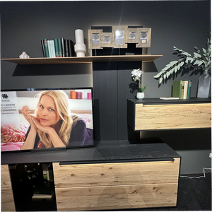 Wohnwand Musterring – Schwarz & Eiche natur mit Wandboard, Hängeelement & TV-Lowboard