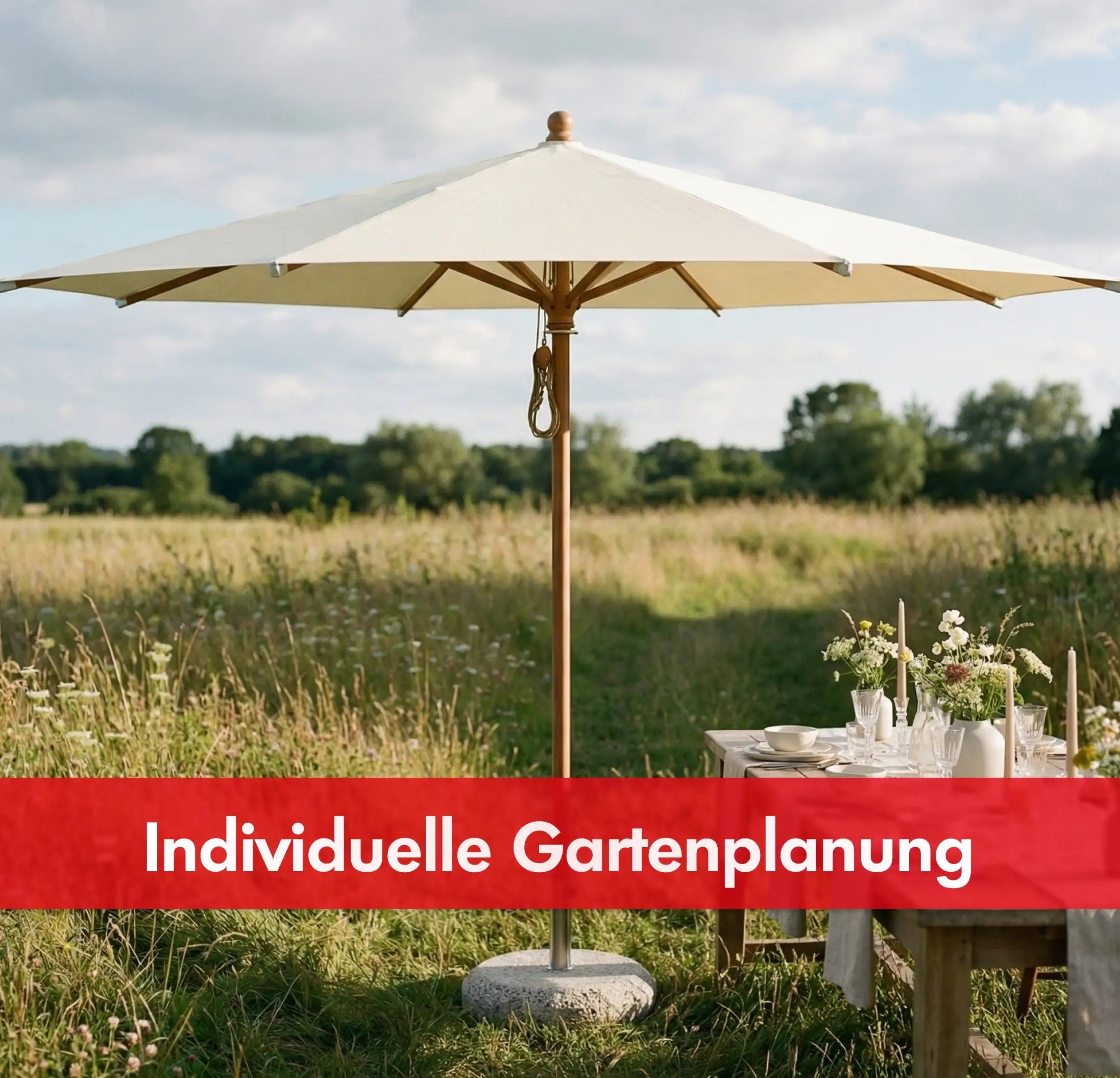 Gartenmöbel Dresden – Weißer Sonnenschirm mit gedecktem Tisch in sommerlicher Gartenlandschaft, Möbel Graf