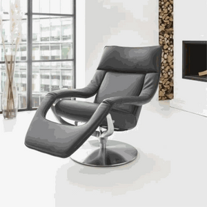 Fernsehsessel Yoko in dunkelbraunem Leder C-Classic Pepper mit Metalldrehteller in Nickel