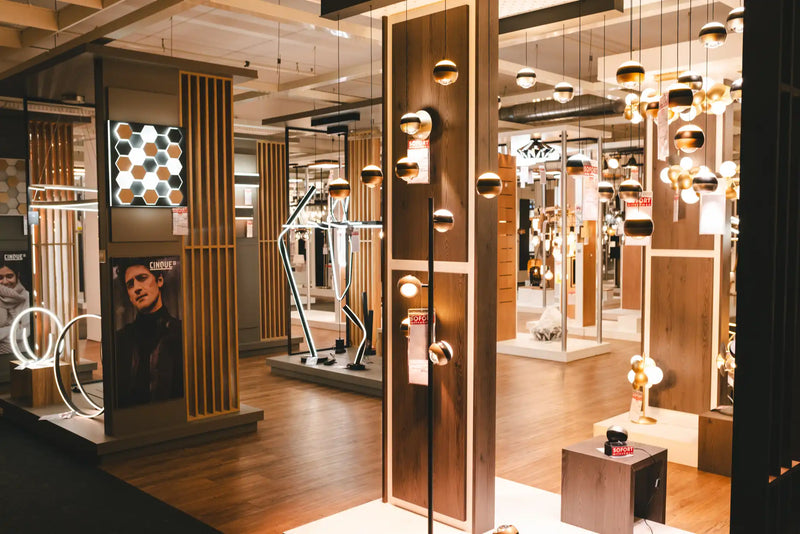 Leuchten-Showroom Möbel Graf mit Pendelleuchten und Stehlampen in warmem Holz-Ambiente – Einrichtungshaus Dresden