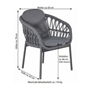 Moderner Armlehnenstuhl Bari mit dunkelgrauem Seilgeflecht und Auflagen für Garten und Terrasse