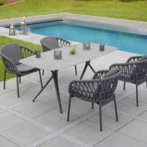 Moderner Armlehnenstuhl Bari mit dunkelgrauem Seilgeflecht und Anthrazit-Aluminiumgestell inklusive Sitz- und Rückenkissen