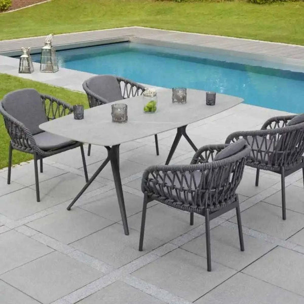 Moderner Armlehnenstuhl Bari mit dunkelgrauem Seilgeflecht und Anthrazit-Aluminiumgestell inklusive Sitz- und Rückenkissen