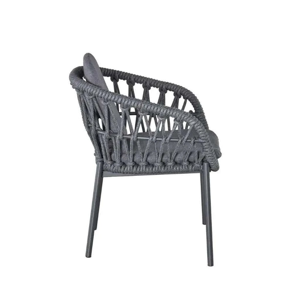 Moderner Armlehnenstuhl Bari mit dunklem Seilgeflecht und Kissen, Aluminiumgestell in Anthrazit, ideal für Garten und Terrasse