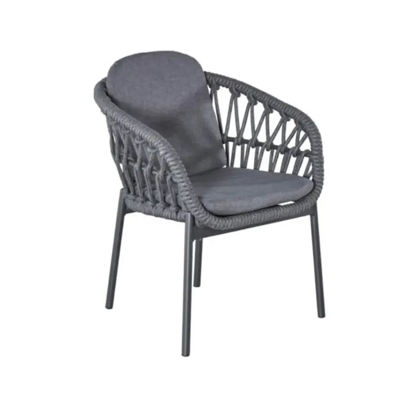 Armlehnenstuhl Bari aus anthrazitfarbenem Aluminium mit dunkelgrauem Seilgeflecht und Auflagen für Gartenkomfort