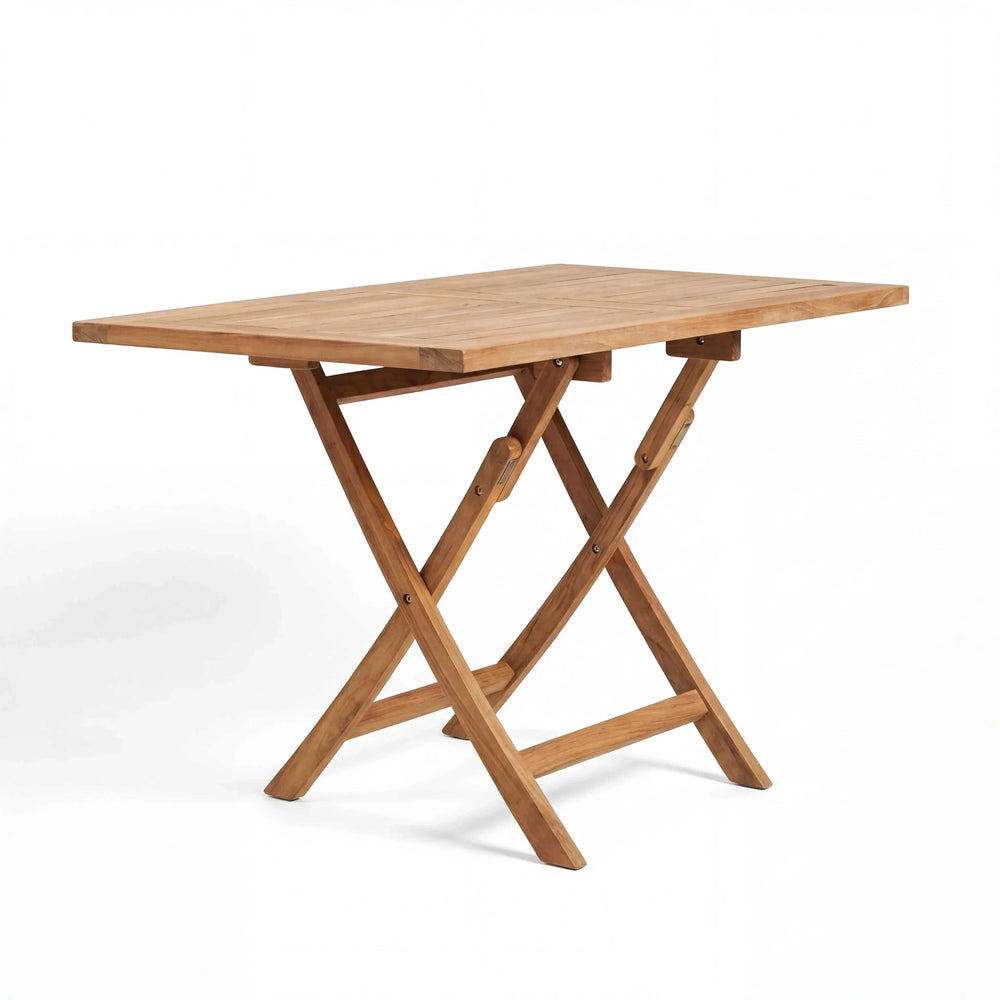 Klapptisch Solo aus Teakholz auf Terrasse, natürlicher Outdoor-Tisch Sterling Farbe, platzsparend und funktional