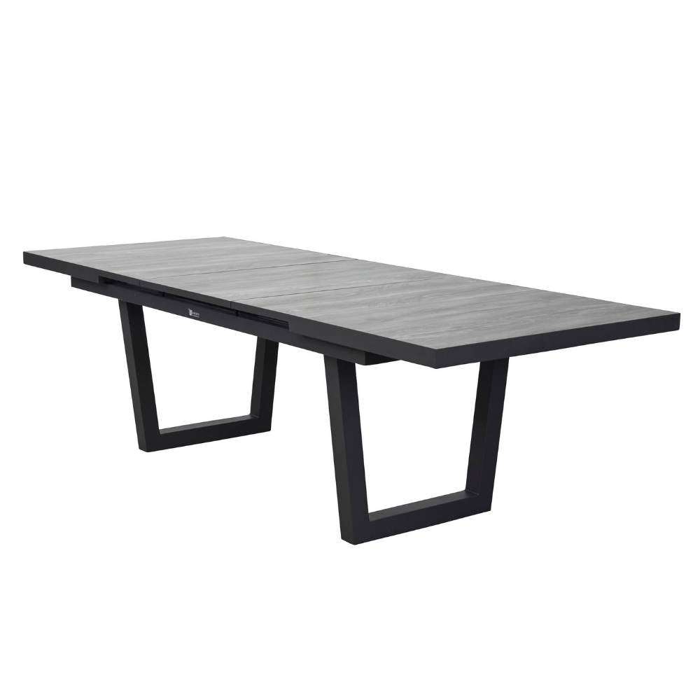 Ausziehtisch Keramo mit Keramikplatte in dunkelgrauer Holzoptik und V-Fuß Aluminiumgestell anthrazit, ausziehbar von 200 auf 260 cm.