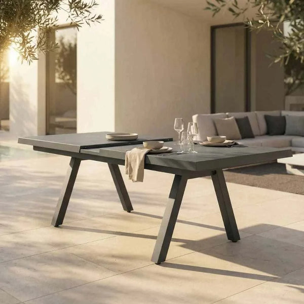 Moderner Ausziehtisch Vivera in Betonoptik mit Synchronauszug und Aluminiumgestell, 200/260 x 100 x 77 cm, ideal für Garten und Terrasse.