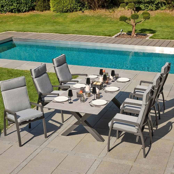 Moderner Positionsstuhl Sondrino aus Aluminium mit verstellbarer Rückenlehne und Kissen für Garten und Terrasse