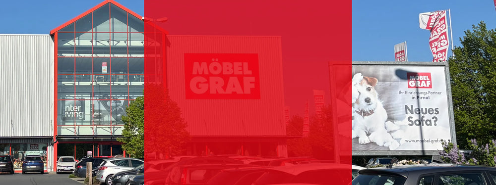 Außenansicht Möbelhaus Möbel Graf Pirna bei Dresden – riesige Ausstellung auf über 20.000 m² mit kostenfreien Parkplätzen an der Heidenauer Straße