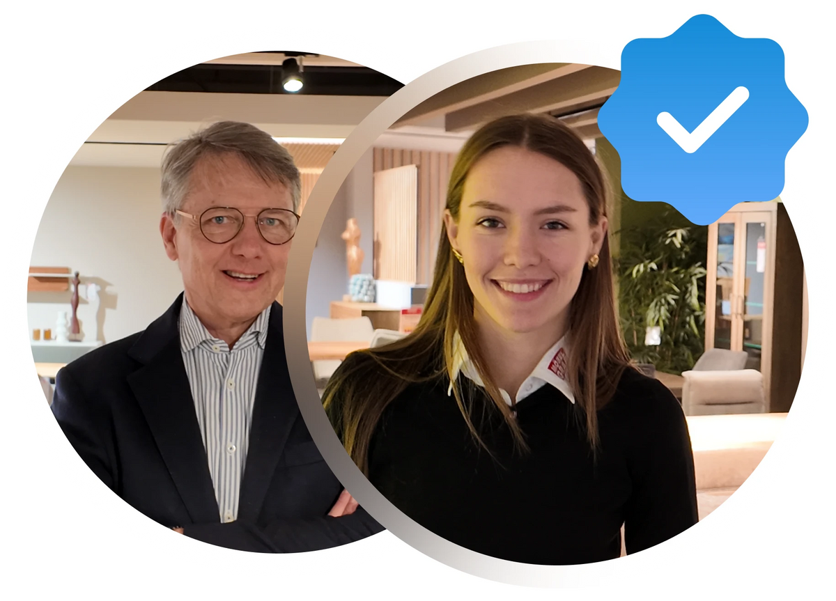 Rundes Portraitfoto von Andreas Graf und Maria Graf – Mann im dunklen Jackett und Frau in schwarzem Outfit – mit blauem Verifikations-Badge, persönliche Fachberatung im Möbelhaus Möbel Graf Dresden
