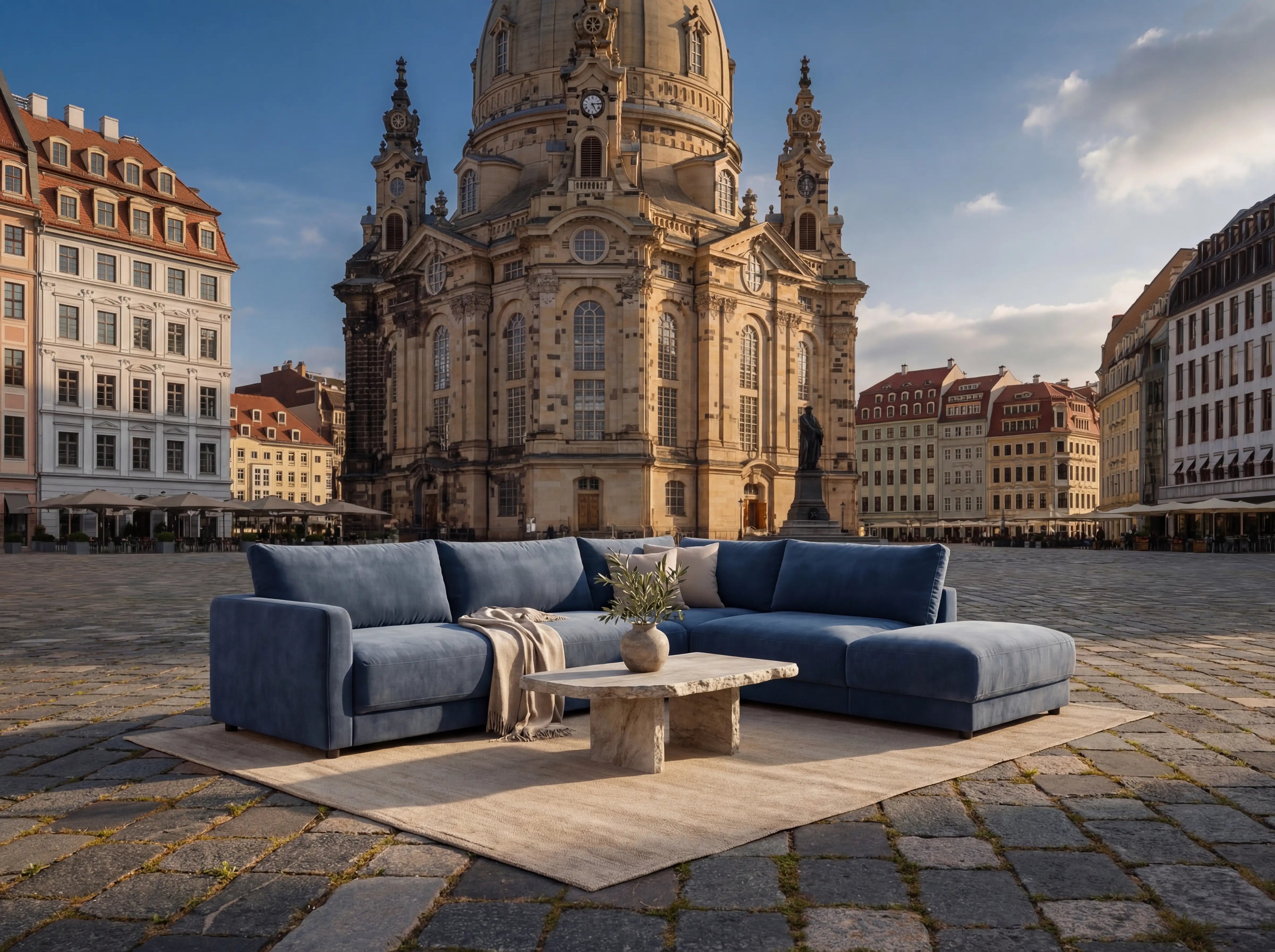 Polstermöbel Dresden – Blaues Modulsofa mit Couchtisch am Dresdner Neumarkt, Frauenkirche im Hintergrund