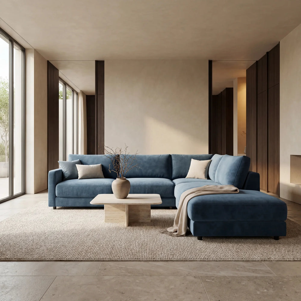 Polstermöbel Dresden – Blaues Ecksofa nach fachgerechter Montage in modernem Wohnzimmer, Möbel Graf Lieferservice