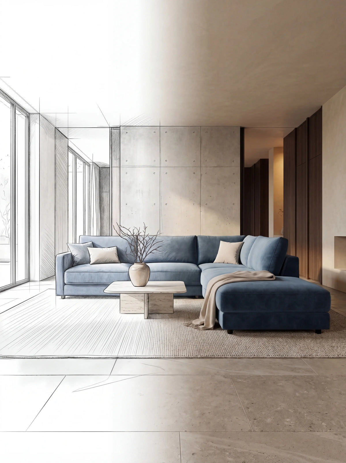 Polstermöbel Dresden – 3D-Raumplanung mit blauem Ecksofa in modernem Wohnzimmer, kostenlose Planung Möbel Graf Pirna