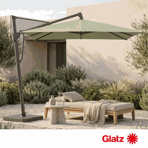 Glatz Sonnenschirm Sombrano S+ 350x350 cm in Pistacchio mit 360° Drehfuß und anthrazitfarbenem Aluminiumgestell