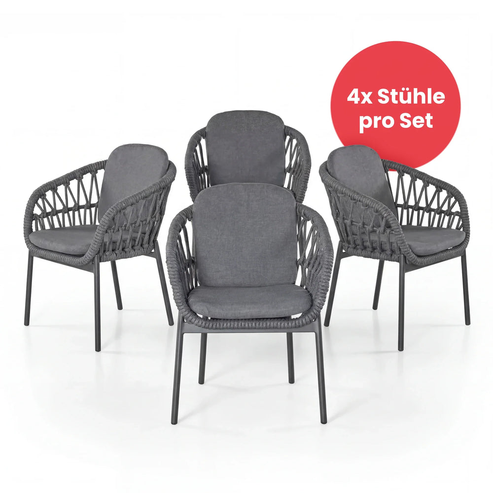 Moderner Armlehnenstuhl Bari mit dunkelgrauem Seilgeflecht und Aluminiumgestell für Garten und Terrasse
