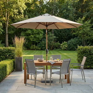 Sonnenschirm Life Lift in Greige mit Holzoptik, wetterfest, UV-Schutz LSF 50+, flexibler Knickvorrichtung und Windventil