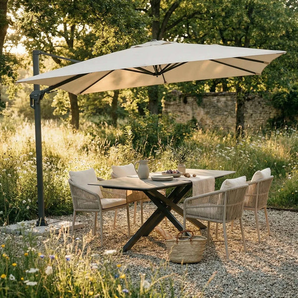 Ampelschirm Active Pendel Green Edition auf Balkon, 360° drehbar, UV-Schutz LSF 50+, platzsparend