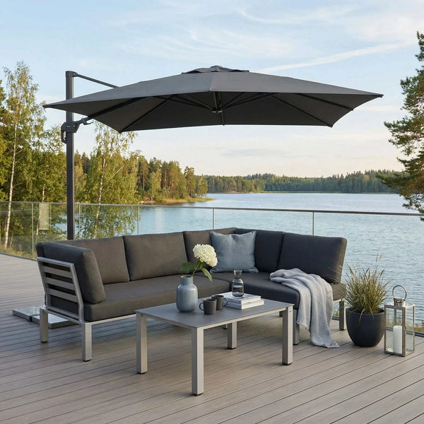 Ampelschirm Active Pendel Green Edition 240×135 cm anthrazit für enge Balkone, 360° drehbar, höhenverstellbar, nachhaltiger UV-Schutz.