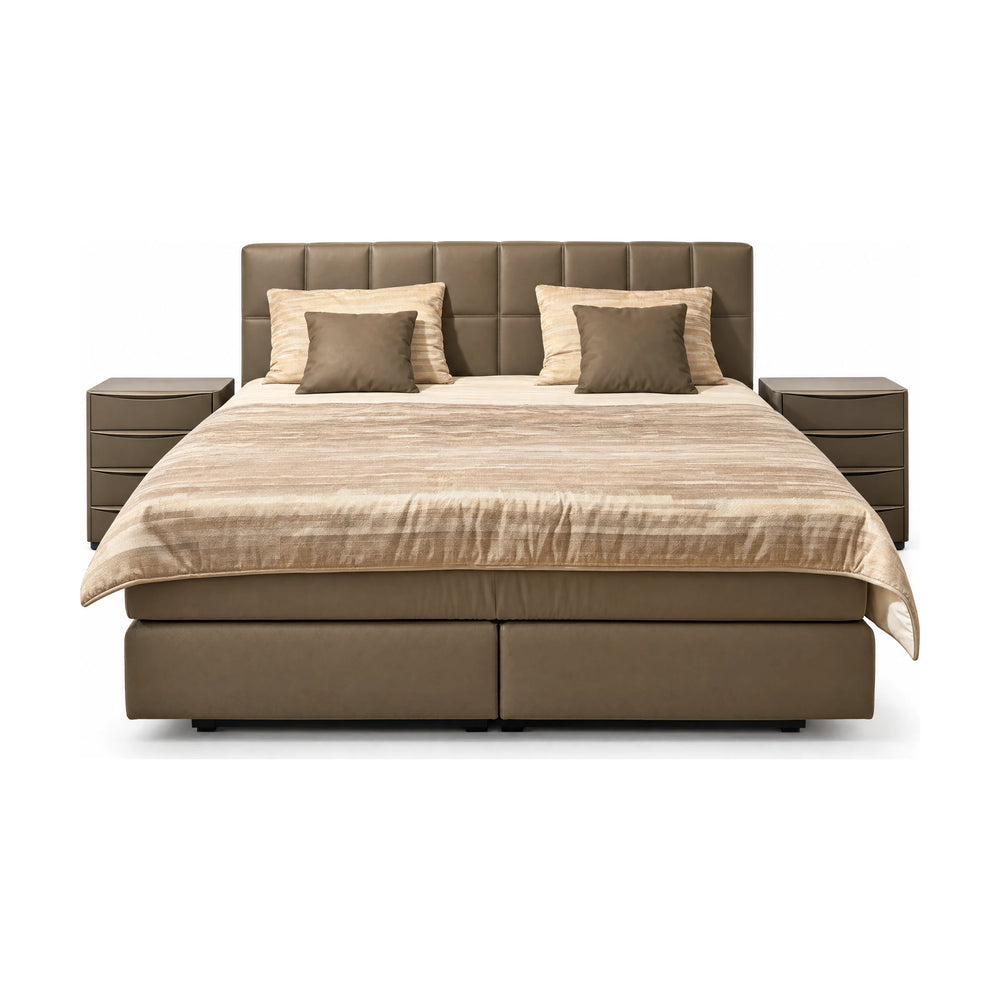 Boxspringbett Toska stone 180x200 cm mit 2 Konsolen, Topper und Tagesdecke freigestellt auf weißem Hintergrund – Möbel Graf Dresden – Art.-Nr. 20944..31