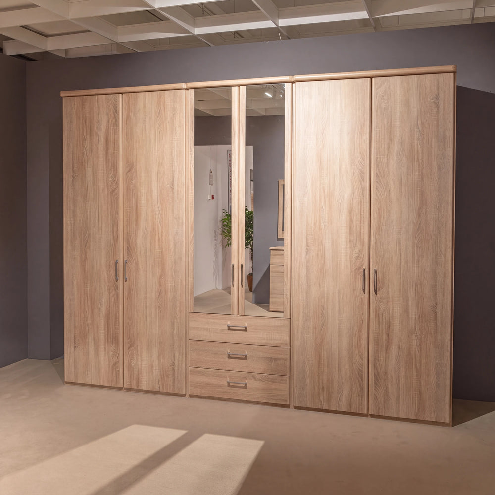 Drehtürenschrank San Remo Eiche Sägegrau 6-türig mit Spiegeltüren und Schubkästen – Abverkauf Möbel Graf Dresden – Art.-Nr. 558039.7.